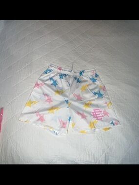 Eric Emanuel White Athletic Shorts with Pink, Blue & Yellow Stars